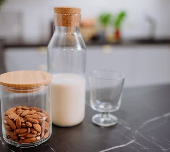 Almonds and jar of milk